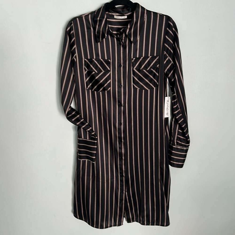 Gold Hawk *NWT*. Black/Gold Stripe Shirt Dress or Duster.  Belt & Pockets  SMALL